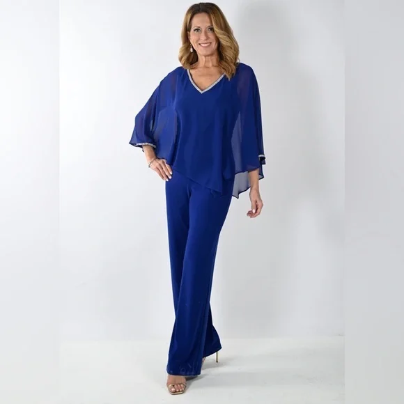 Frank Lyman NWT Women's Imperial Blue Pants Outfit w/ Chiffon Overlay Size L - Picture 1 of 16